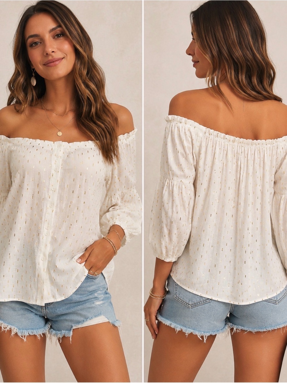 LUCKY BRAND NWT IVORY GOLD METALLIC OFF SHOULDER PEASANT BLOUSE SIZE S BOHO - Picture 3 of 11